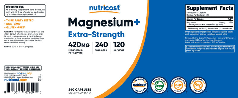 Nutricost Magnesium+ Extra Strength 420mg | 240 Capsules | 120 Servings