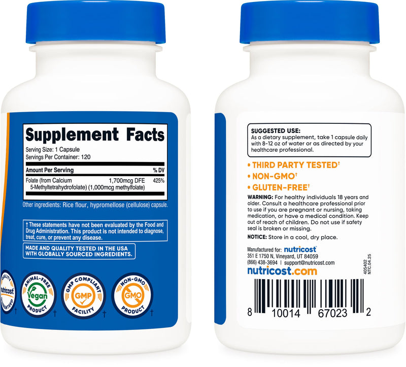 Nutricost Methylfolate 1000mcg – 120 Vegetarian Capsules (Gluten Free, Non-GMO) Pack of 2