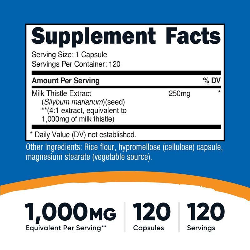 Nutricost Milk Thistle 1000mg - 120 Veg Capsules | 4:1 Extract, Vegan, Non-GMO, Gluten Free