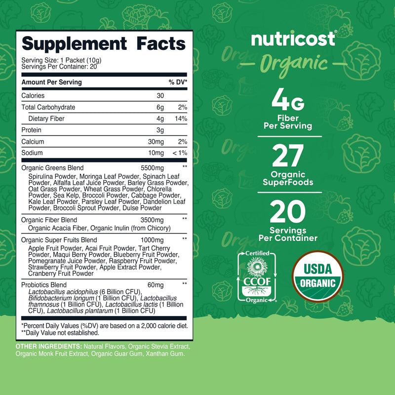 Nutricost Organic Super Greens (Unflavored) – 20 Stick Packs | Gluten-Free, Non-GMO