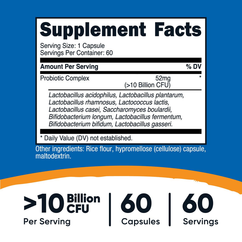 Nutricost Probiotic Complex (10 Billion CFU) - 60 Capsules | Acidophilus Plus 9 Probiotics | Non-GMO, Gluten Free