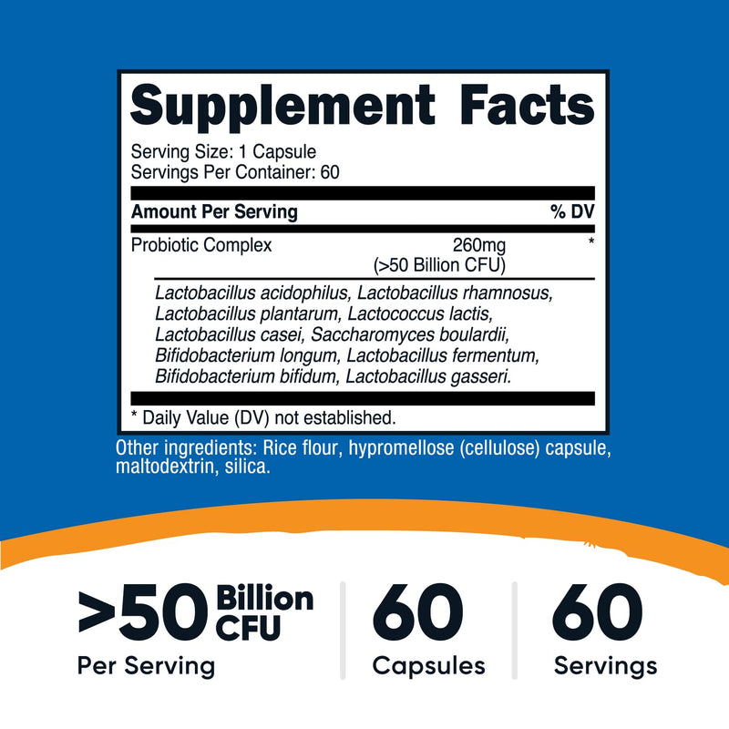 Nutricost Probiotic Complex – 50B CFU, 60 Capsules | Vegetarian, Non-GMO, Gluten Free