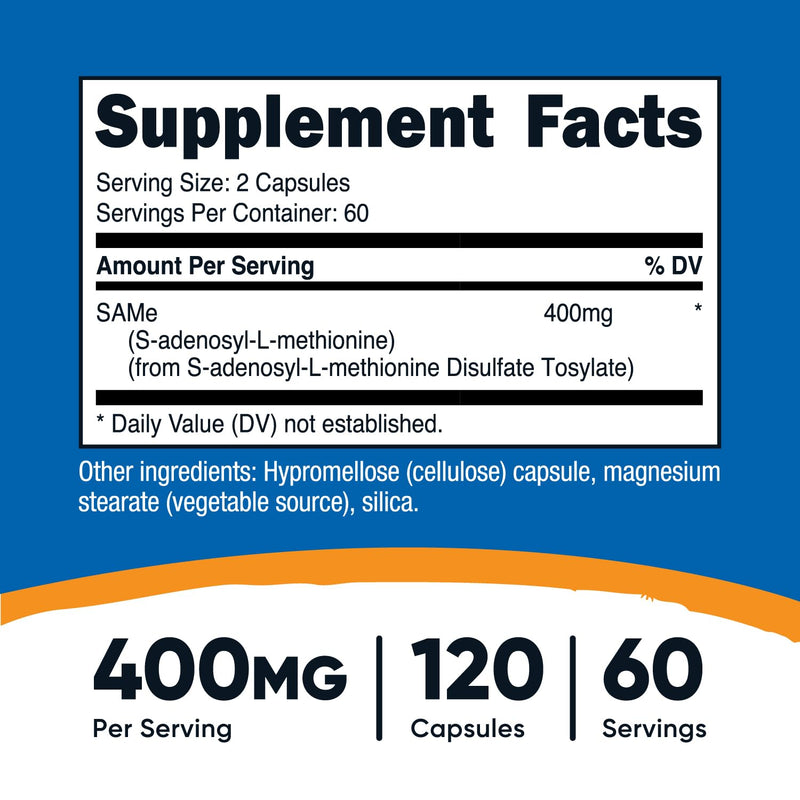 Nutricost SAM-e (S-Adenosyl-L-Methionine) 400mg - 60 Servings, 120 Veggie Capsules, Non-GMO, Gluten Free, Vegetarian