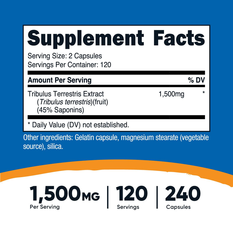 Nutricost Tribulus Terrestris 1500mg - 240 Capsules, 120 Servings, 45% Saponins, Non-GMO, Gluten Free