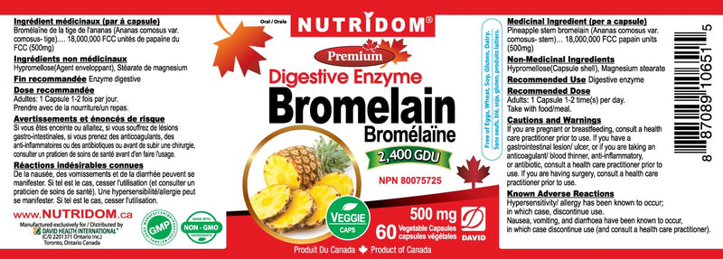 Nutridom Bromelain Digestive Enzyme Pineapple Supplements, 2400 GDU, 500mg, Non-GMO, Vegan, Free of Gluten, Soy & Dairy (60 Count)