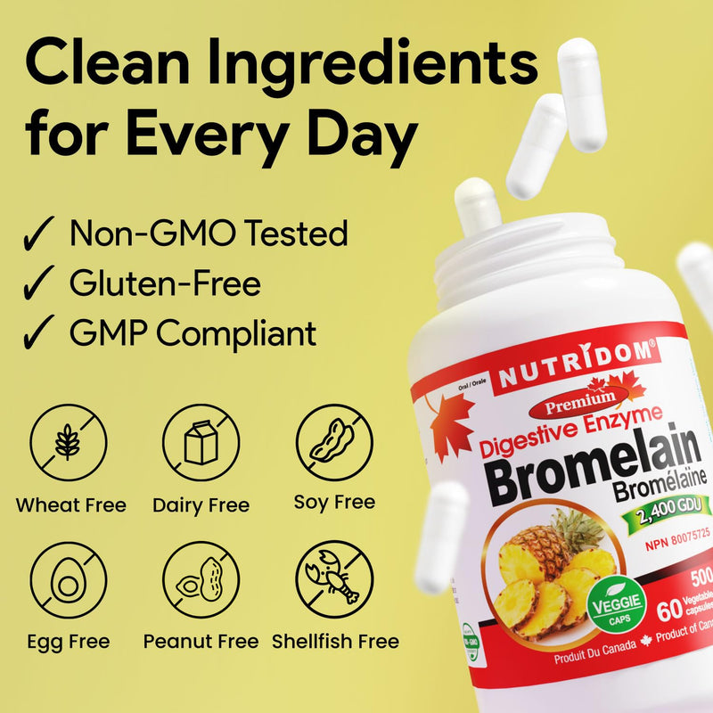 Nutridom Bromelain Digestive Enzyme Pineapple Supplements, 2400 GDU, 500mg, Non-GMO, Vegan, Free of Gluten, Soy & Dairy (60 Count)