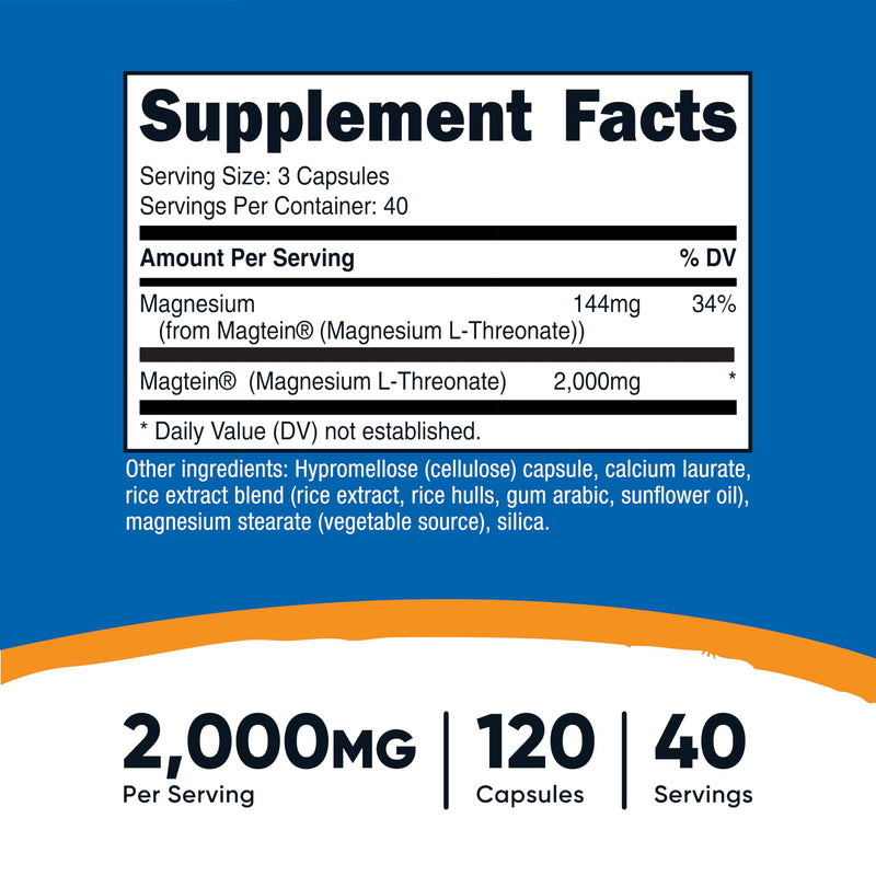 Nutricost Magnesium L-Threonate (Magtein) 2000mg – 120 Capsules – Non-GMO, Gluten Free, Vegetarian Friendly