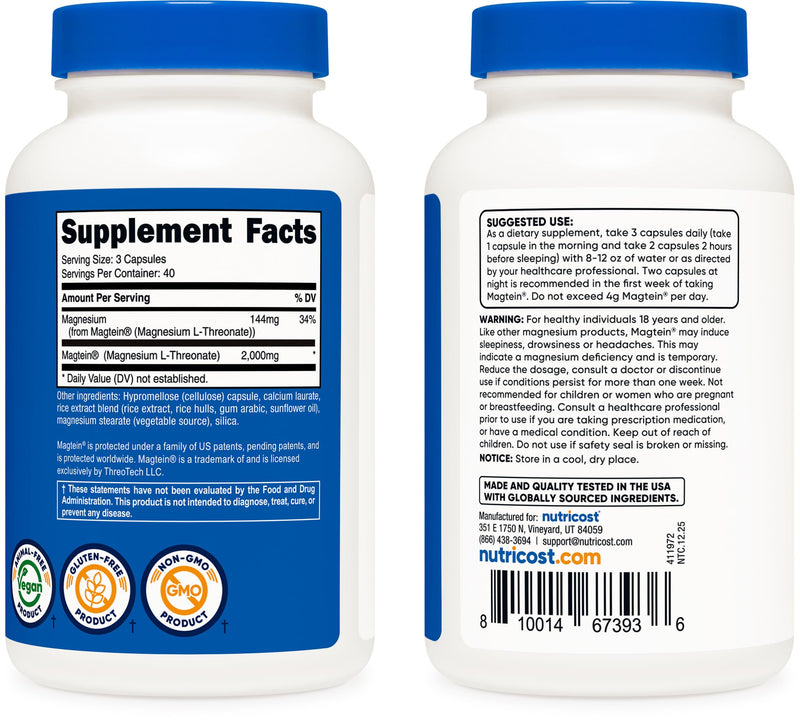 Nutricost Magnesium L-Threonate (Magtein) 2000mg – 120 Capsules – Non-GMO, Gluten Free, Vegetarian Friendly