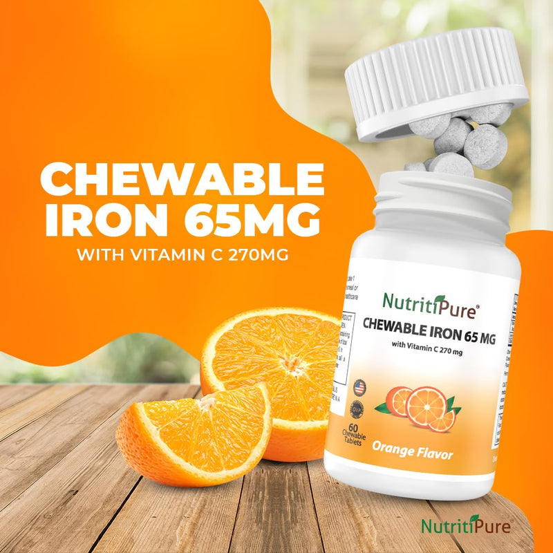 NutritiPure Chewable Iron 65 mg with Vitamin C 270 mg – Orange Flavor, 60 Count