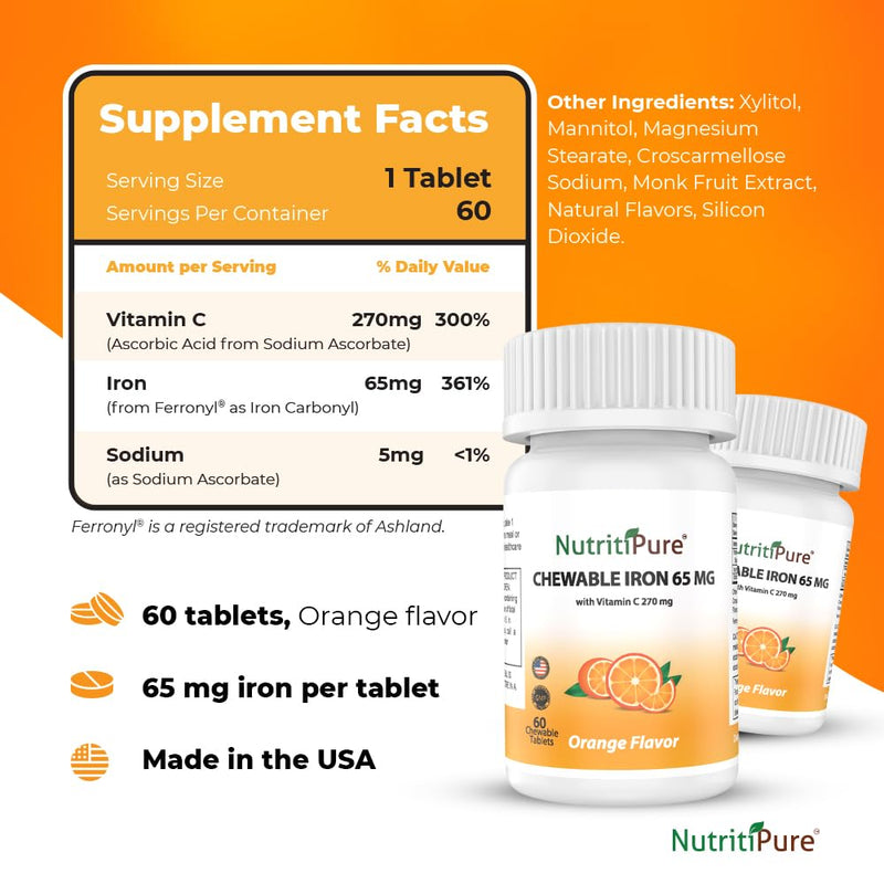 NutritiPure Chewable Iron 65 mg with Vitamin C 270 mg – Orange Flavor, 60 Count