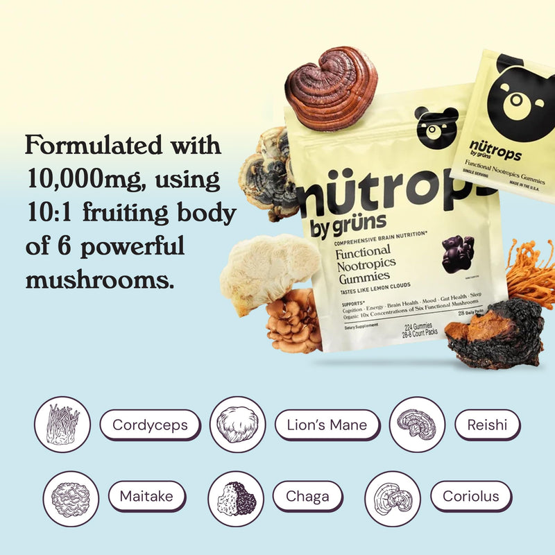 Grüns Nutrops Sugar-Free Lions Mane Gummies — Focus, Energy & Brain Health (28 Day Supply)