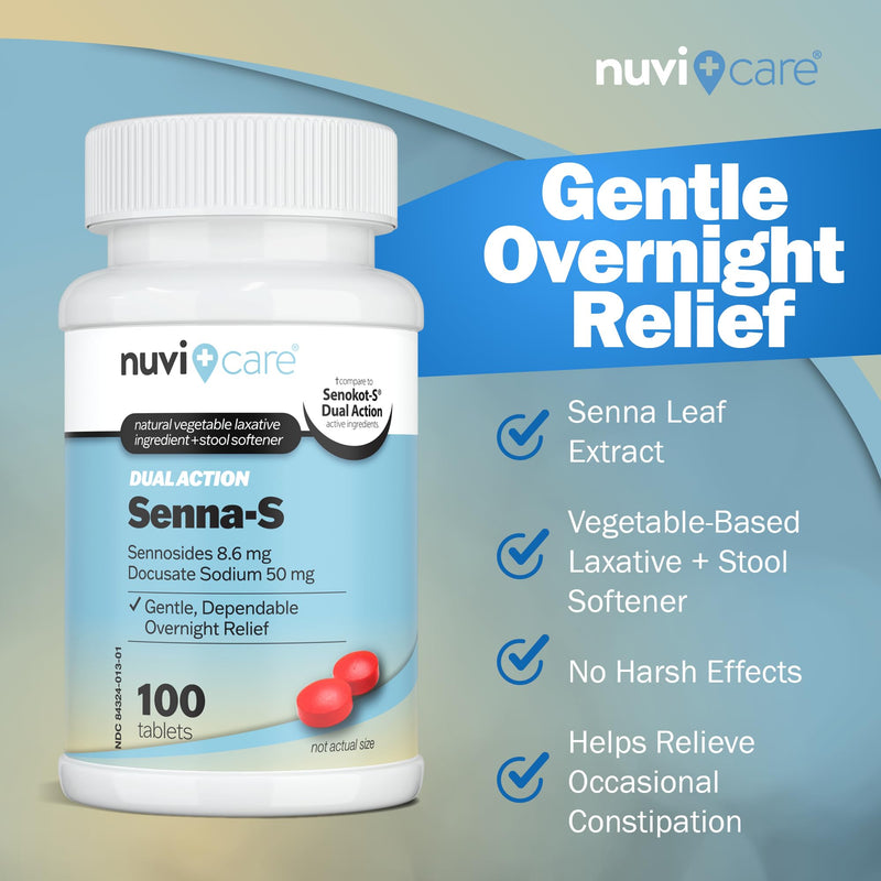 NUVICARE Senna Plus Laxative Stool Softener – Docusate Sodium 50mg + Senna 8.6mg (2 Pack) | Compare to Senokot-S