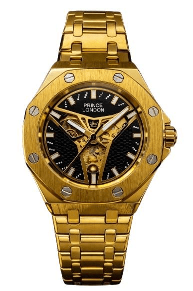 NYL Mens Automatic Metal Hollow Mechanical Octagon Screw Decoration Dial Analogue Gold/Black Metal Bracelet Watch NY London - InStock