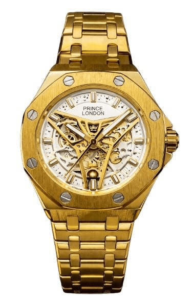 NYL Mens Automatic Metal Hollow Mechanical Octagon Screw Decoration Dial Analogue Gold/White Metal Bracelet Watch NY London - InStock