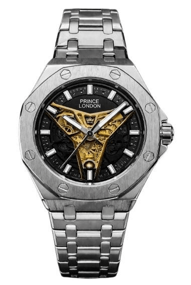 NYL Mens Automatic Metal Hollow Mechanical Octagon Screw Decoration Dial Analogue Silver/Black Metal Bracelet Watch NY London - InStock