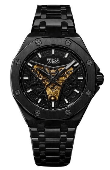 NYL Mens Automatic Metal Hollow Mechanical Octagon Screw Decoration Dial Analogue Silver/Black Metal Bracelet Watch NY London - InStock