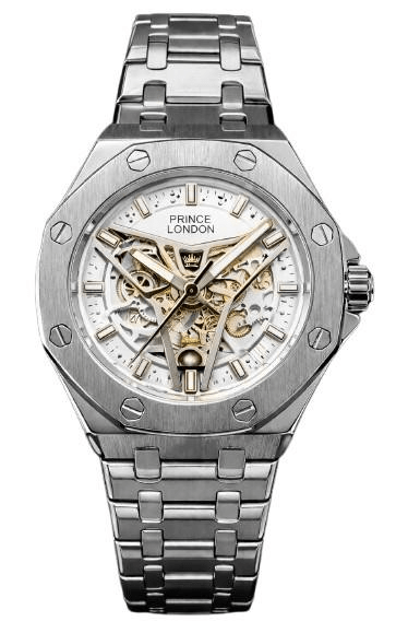 NYL Mens Automatic Metal Hollow Mechanical Octagon Screw Decoration Dial Analogue Silver/White Metal Bracelet Watch NY London - InStock