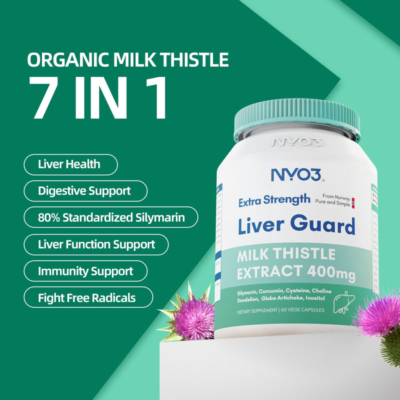 NYO3 Milk Thistle Liver Detox Supplement 400mg - 60 Capsules | Liver Health & Antioxidant Support