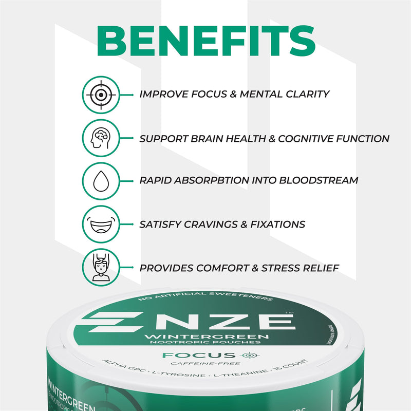 NZE Caffeine Free Nootropic Pouches (Wintergreen) – 15 Pouches Per Can – 5 Pack