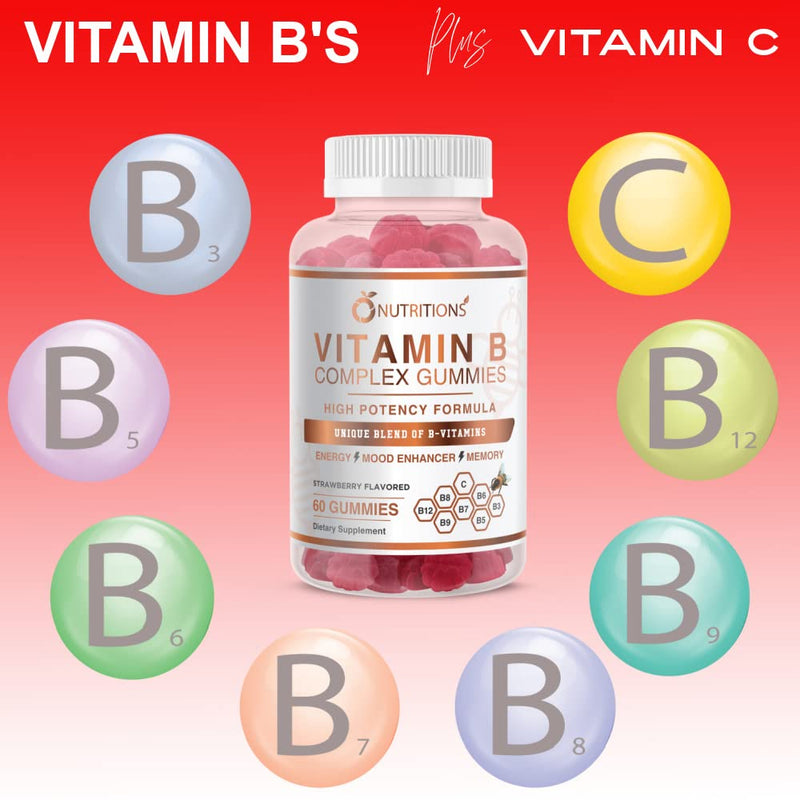 O NUTRITIONS Vitamin B Complex Vegan Gummies with Vitamin B12, B7 as Biotin, B6, B3 as Niacin, B5, B6, B8, B9 as Folate for Stress, Energy and Healthy Immune System (2 Pack)