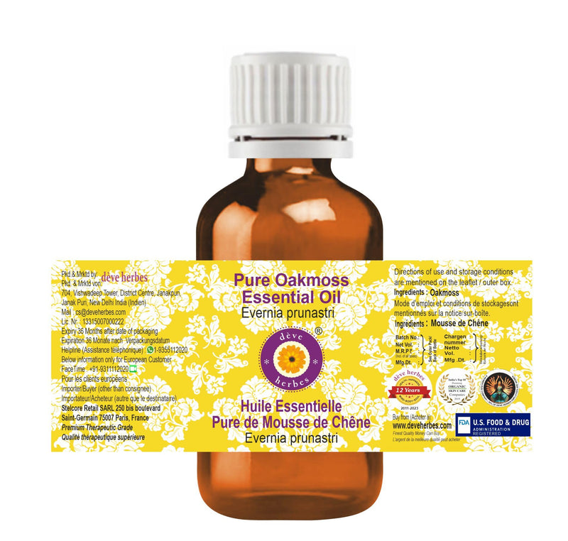 dève herbes Oakmoss Essential Oil (Evernia prunastri) Pure | Non-Sticky | Non-Greasy | Lightweight | Men & Women | All Skin Types | Steam Distilled 100ml (3.38 oz)