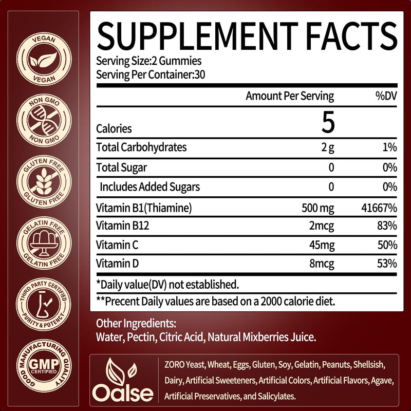 OALSE Thiamine B1 Gummies - 2 Pack, 500g Vegan Sugar-Free with Mixed Berry Flavor (120 Gummies)