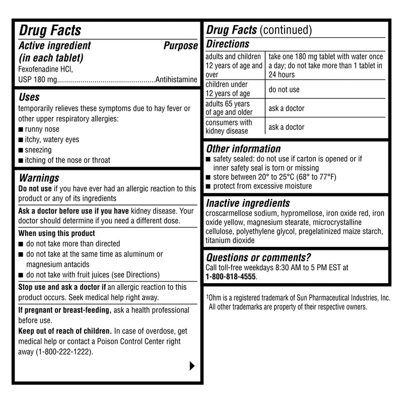 Ohm Allergy Medicine Fexofenadine 180mg – 150 Count | 24-Hour Non-Drowsy Indoor & Outdoor Allergy Relief