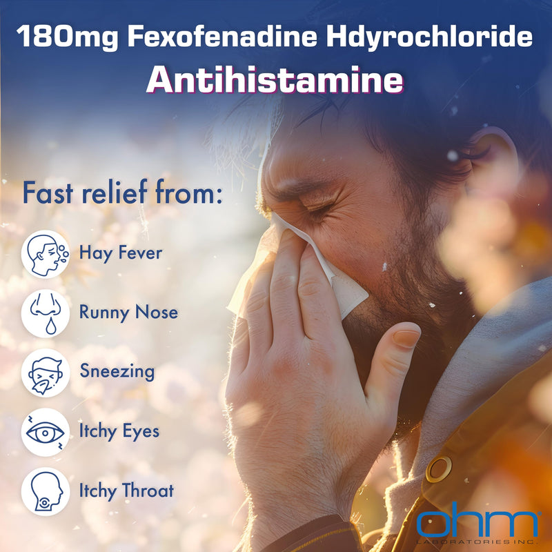 Ohm Allergy Medicine Fexofenadine 180mg – 150 Count | 24-Hour Non-Drowsy Indoor & Outdoor Allergy Relief