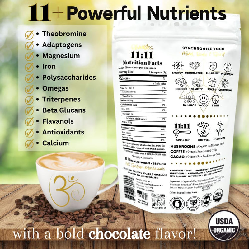 OhmYes 11 Mushroom Coffee + Cacao – Organic Nootropic Superfood Blend (7 oz)