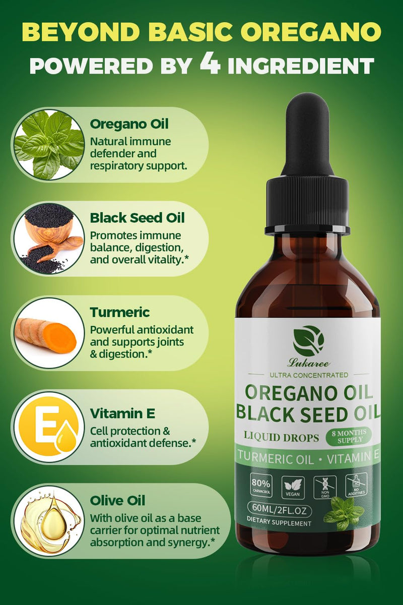 Lukaree 4-in-1 Oil of Oregano with Black Seed Oil – 80% Carvacrol, 2 oz, 2-Pack (Vegan, Non-GMO)