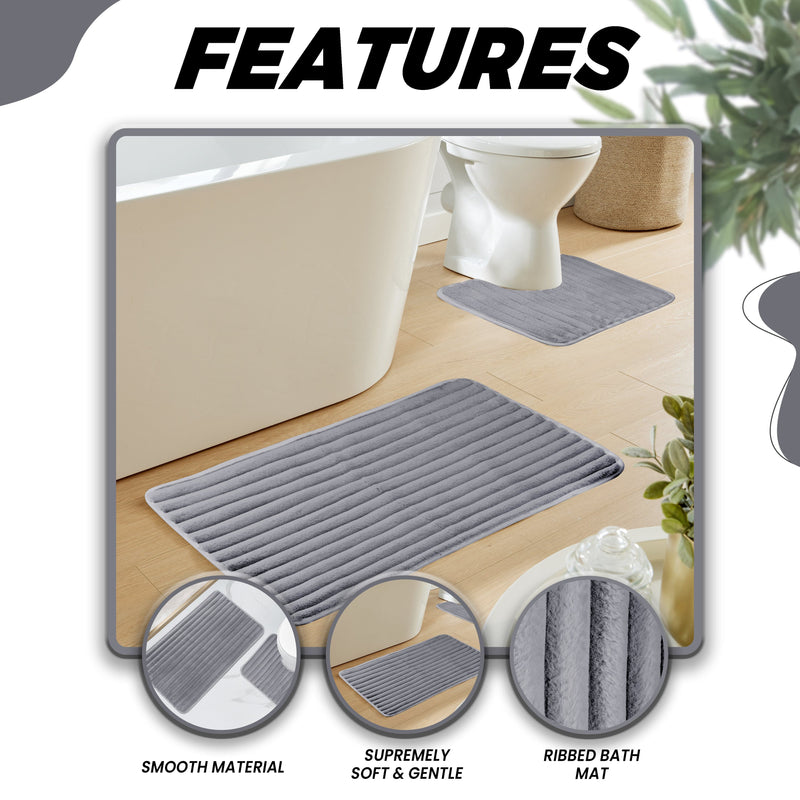OLIVIA ROCCO 2 Piece Ribbed Bath Mat Set Charcoal Extra Soft Non Slip Super Absorbent