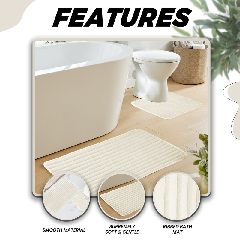 OLIVIA ROCCO 2 Piece Ribbed Bath Mat Set Cream Extra Soft Non Slip Super Absorbent Easy