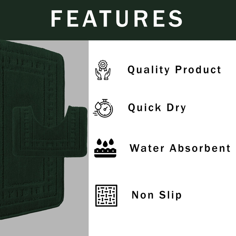 OLIVIA ROCCO Miami 2 Piece Emerald Green Bath Mat And Pedestal Set Non Slip Super Soft Easy-Care Home Essential
