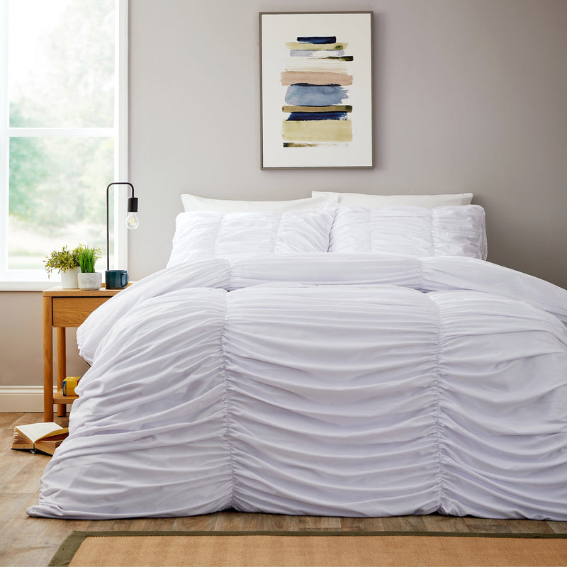 OLIVIA ROCCO Ruched White Microfibre Duvet Cover Set With Pillowcases Ruffle Bedding