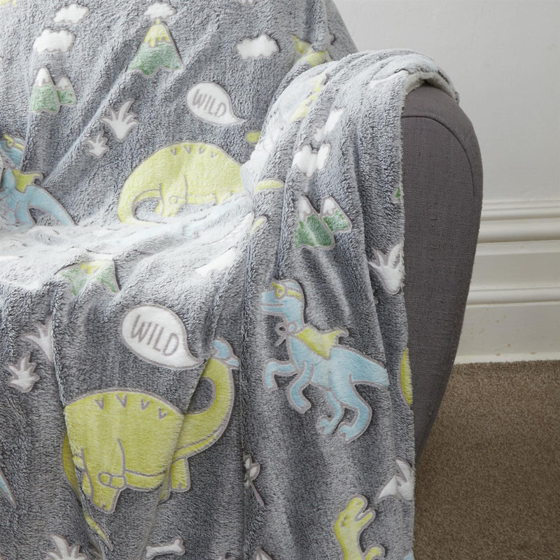 OLIVIA ROCCO Dinosaur Glow In The Dark Teddy Fleece Duvet Set With Bed Throw And Cushion