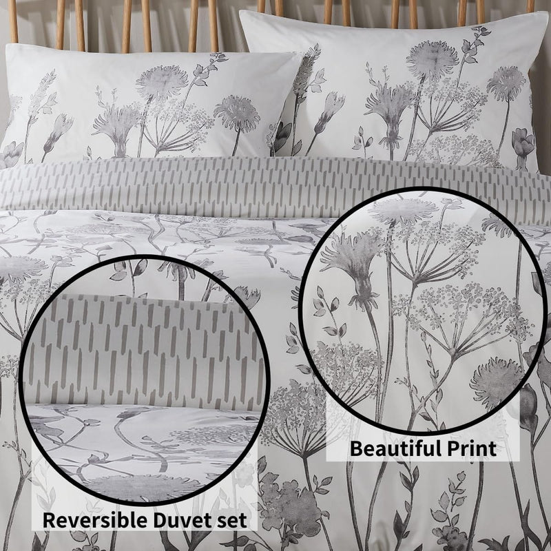 OLIVIA ROCCO Meadow Grey Reversible Duvet Cover Set With Pillowcases Breathable Microfibre for Everyday Luxury Hotel-Style