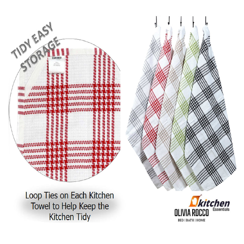 OLIVIA ROCCO Pack of 5 Houndstooth Cotton Tea Towels 45cm X 65cm Super Absorbent Quick