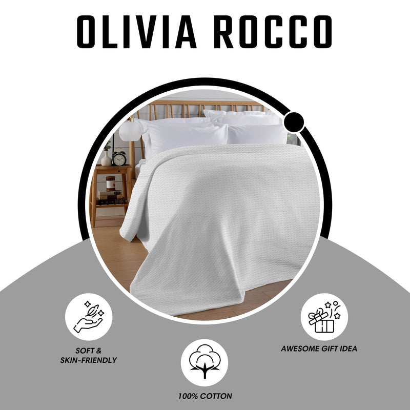 OLIVIA ROCCO Florian Checked Throw Blanket White 100% Cotton Bedspread For Sofa And Bed