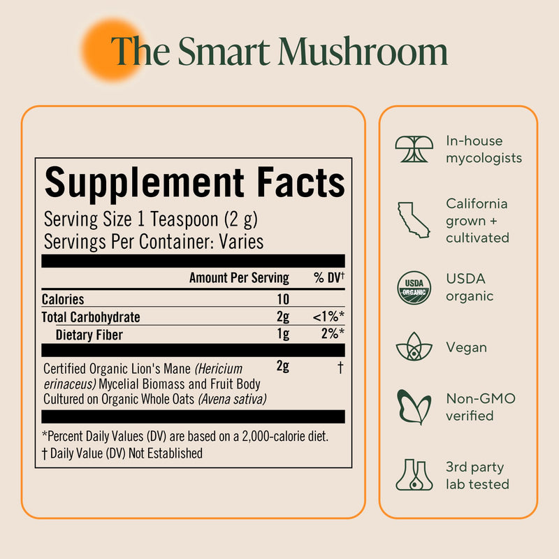 Om Lion's Mane Mushroom Powder – Organic Nootropic Supplement for Memory, Focus & Nerve Health | 3.5 oz (50 Servings)