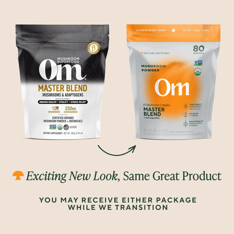 OM Mushrooms Master Blend Mushroom Powder – Organic 10 Mushrooms + Ashwagandha (6.34 oz, 80 Servings)