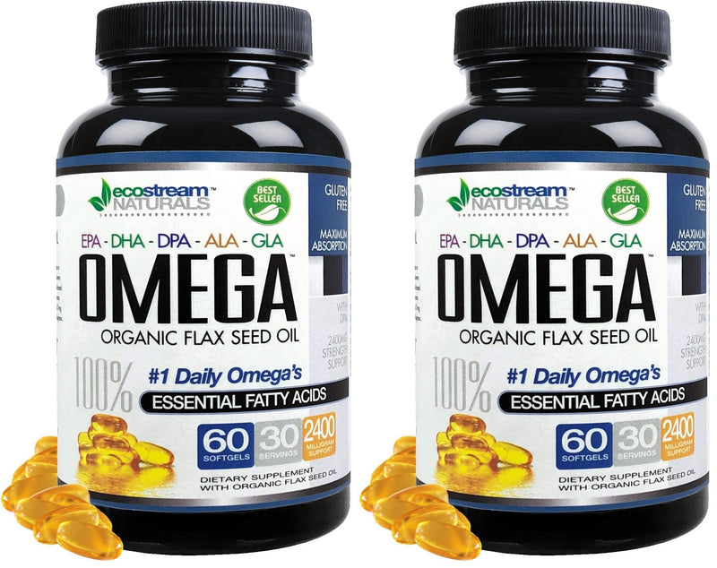 Omega 3-6-9 Blend with DPA, EPA, DHA, ALA & GLA + Organic Flax Seed Oil | Gluten Free 2x60 SoftGels