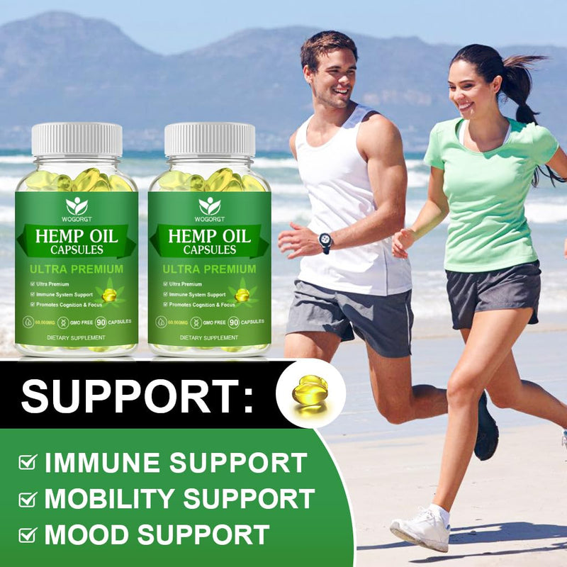(2Pack) Hemp Oil Capsules – 60,000 Max Strength, Immune Support, Focus & Calm, Relaxation, Mood, Rich in Omega 3-6-9, 90 Capsules
