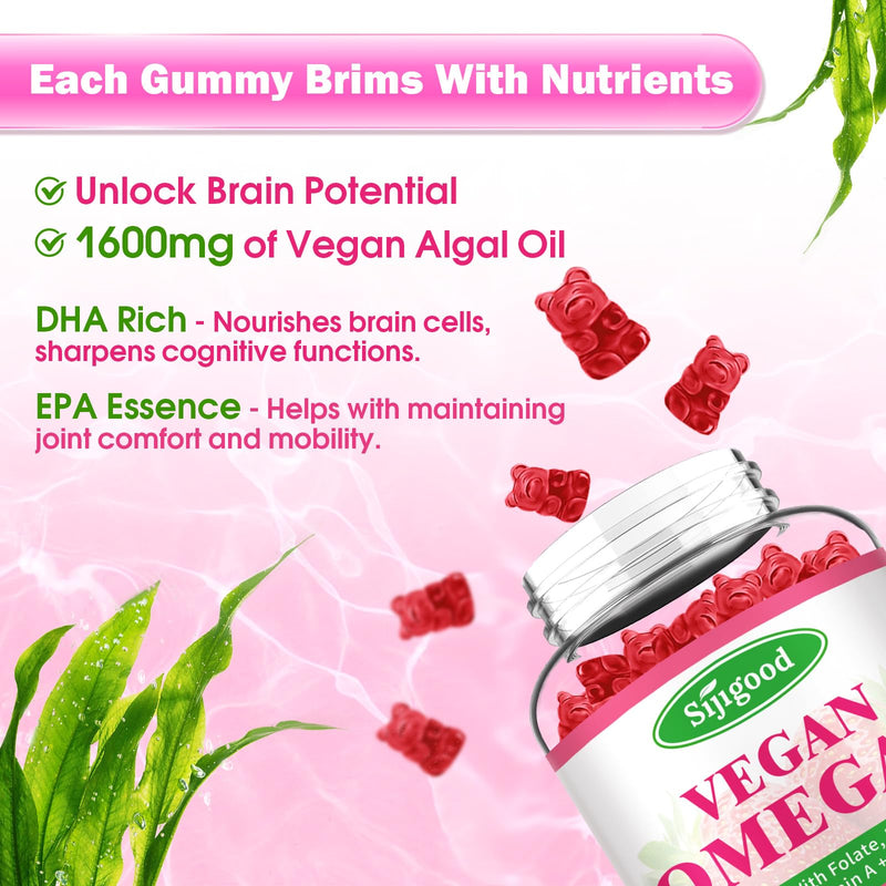 Algae Omega-3 Gummies (DHA & EPA) – Vegan, Sugar-Free, Strawberry, 60 Count