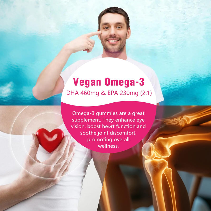 Algae Omega-3 Gummies (DHA & EPA) – Vegan, Sugar-Free, Strawberry, 60 Count