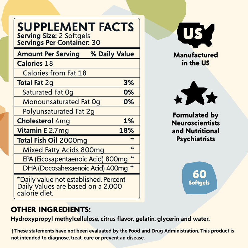 Omega-3 Supplement by PYM for Mood and Emotional Support (60 Count) | Omega-3 Fatty Acids, DHA, EPA & Vitamin E | Non-GMO, Gluten-Free, No Added Sugar