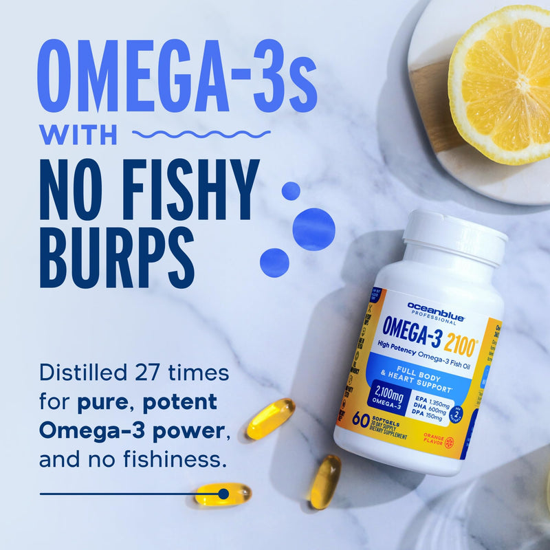 Oceanblue Professional Omega-3 2100-60 Count | High-Potency Triple-Strength Burpless Fish Oil (EPA, DHA, DPA) - Orange Flavor