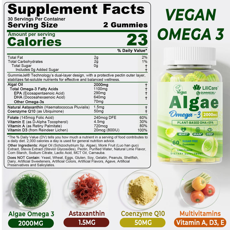 Omega 3 Gummies 2200mg from Algae Oil – DHA 640mg & EPA 290mg | Vegan, Sugar-Free