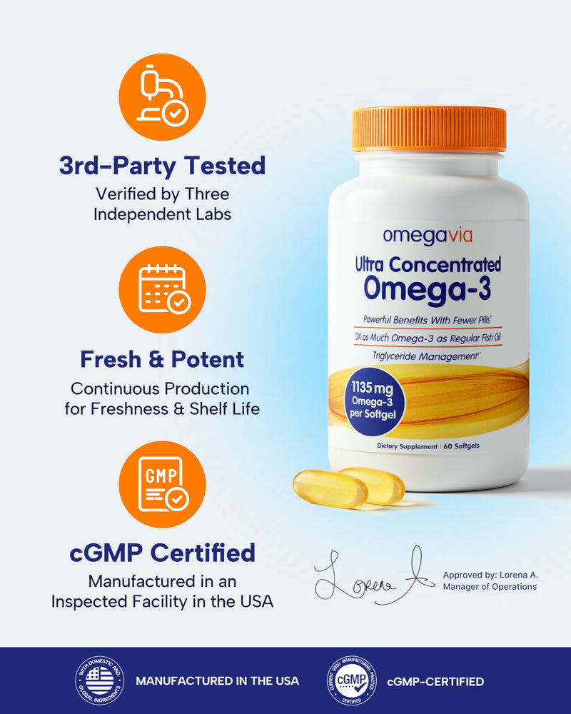 OmegaVia Ultra Concentrated Omega-3 Fish Oil Burpless — 60 Softgels, Triple Strength