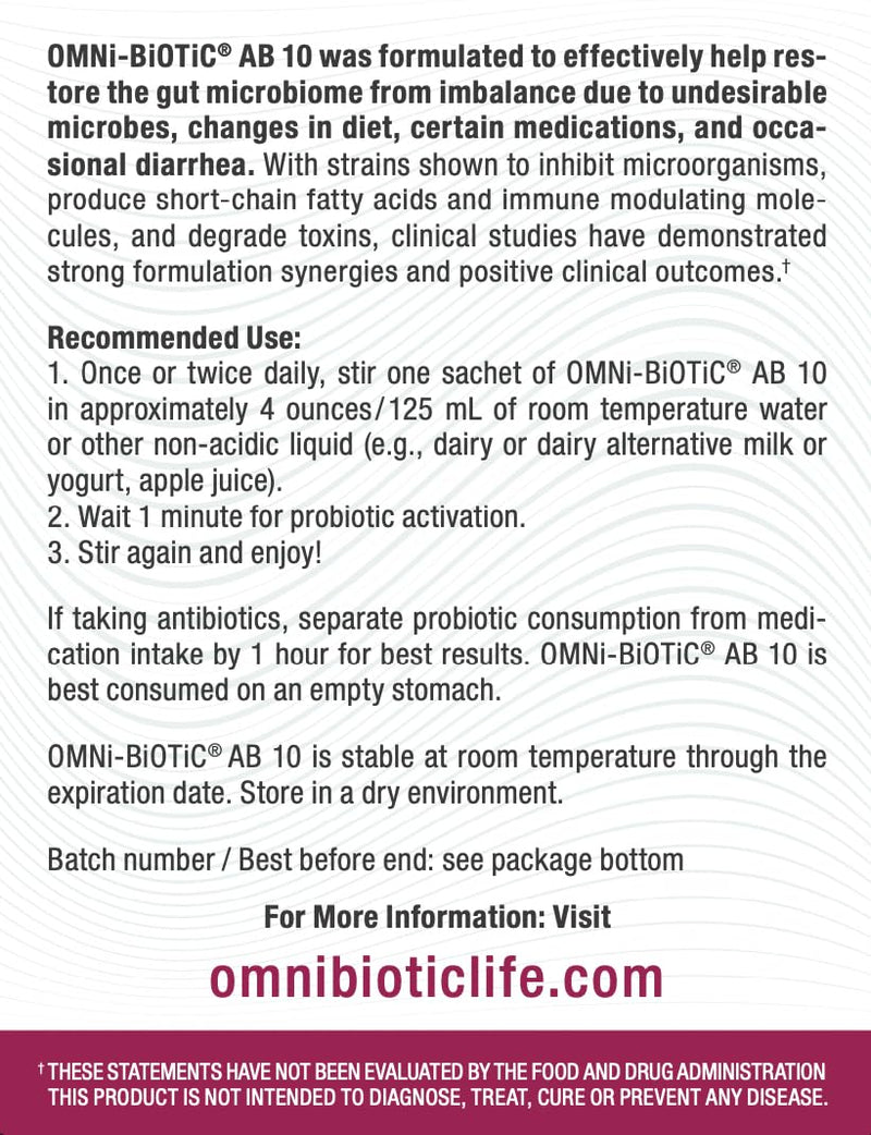 OMNi BiOTiC AB 10 – Clinically Tested Restorative Probiotic for Gut Flora & Digestion (30 Daily Packets) – Vegan, Hypoallergenic, Non-GMO
