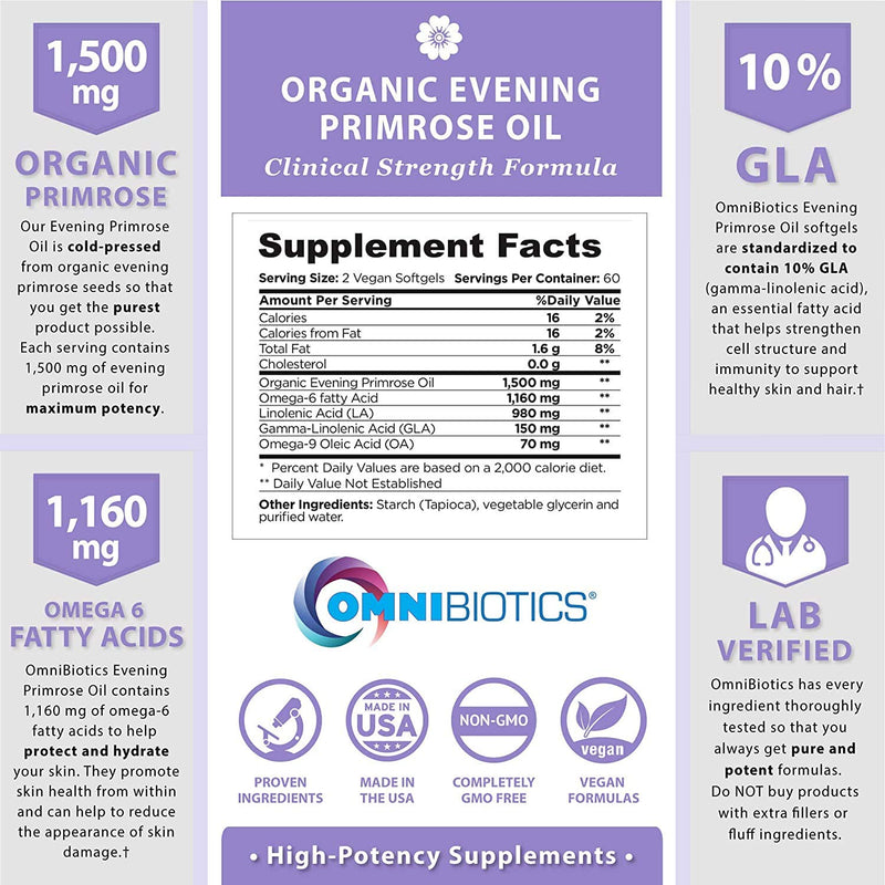 OmniBiotics Organic Evening Primrose Oil 1500mg – Cold-Pressed, 10% GLA, Non-GMO, 120 Vegan Softgel Capsules